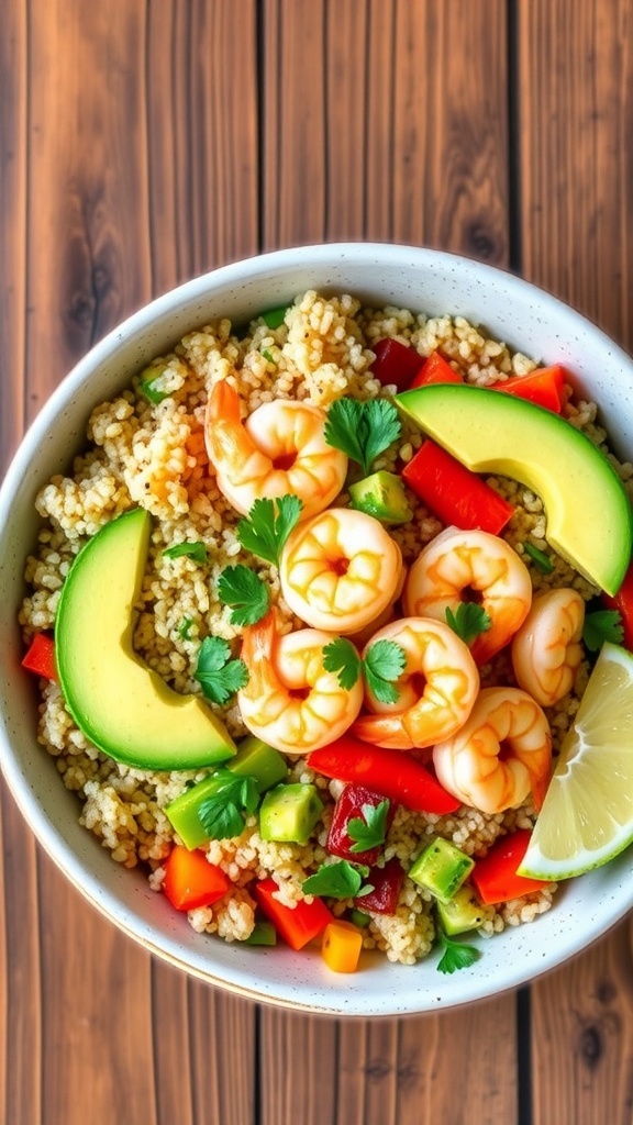 Shrimp Quinoa Bowl Recipe A colorful shrimp quinoa bowl with shrimp, quinoa, bell peppers, avocado, and cilantro on a wooden table.